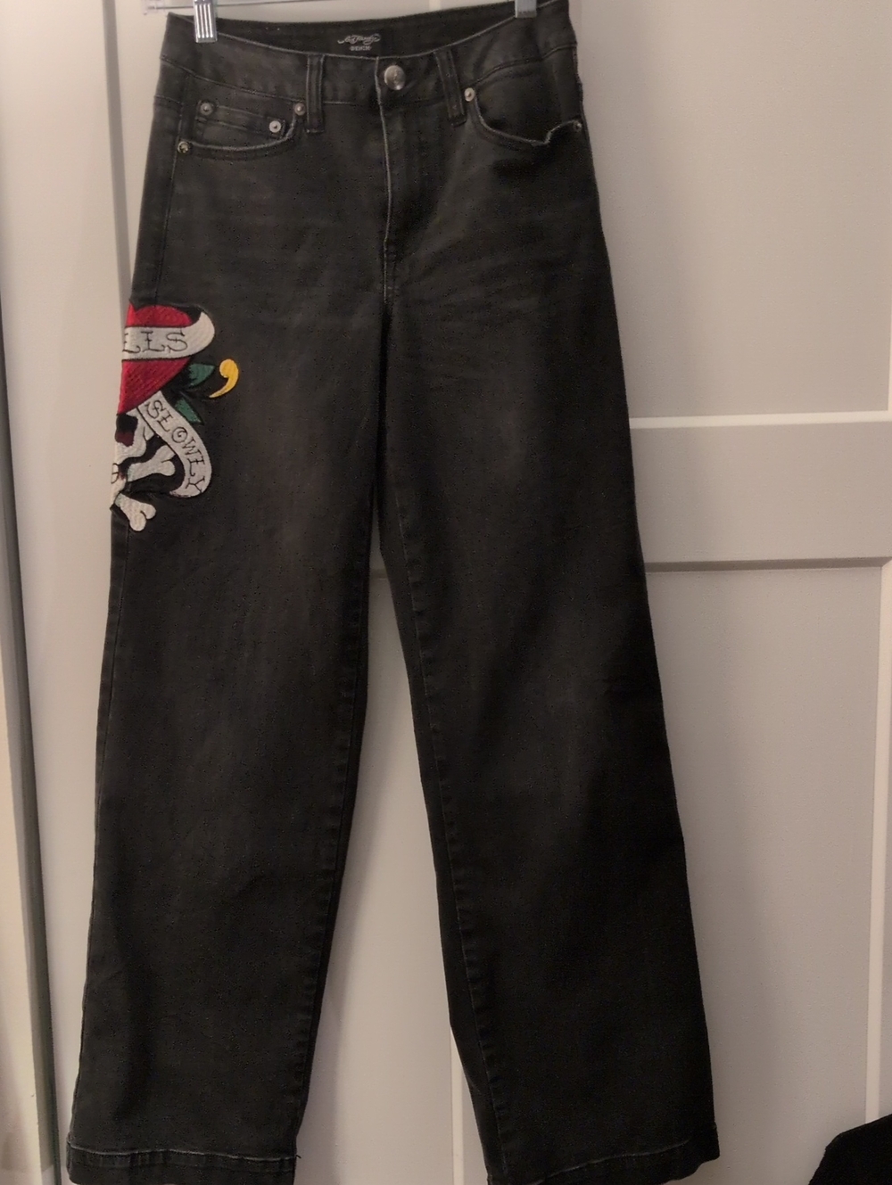 Ed Hardy Black Wide-Leg Jeans with Embroidered Skull & Red Heart
